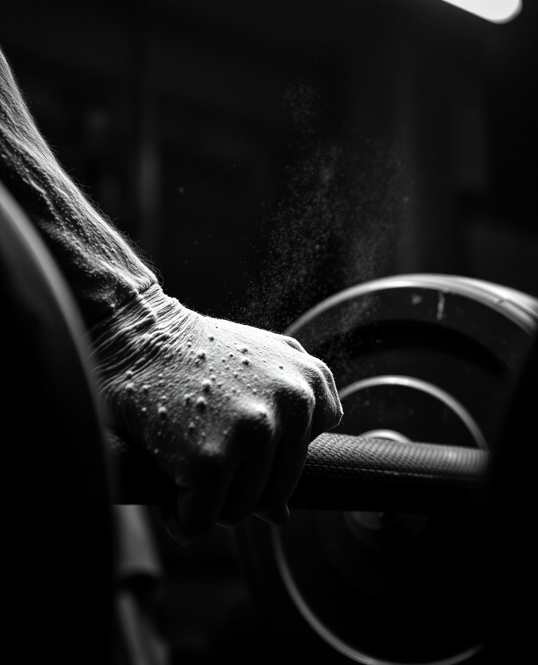 Chalked hand gripping a loaded barbell